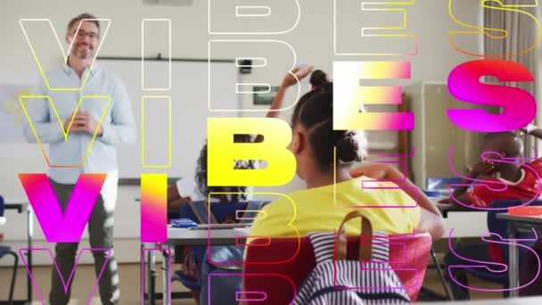 Animation Vibes Text Caucasian Teacher Diverse Schoolchildren Raising Hands Social — Stock Video