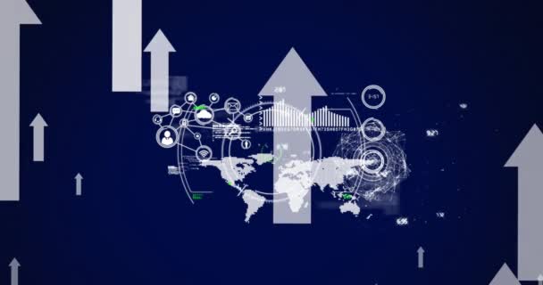 青い背景に財務データ処理上の矢印とスコープスキャンのアニメーション グローバルビジネス デジタルインターフェースの概念デジタルで生成されたビデオ — ストック動画
