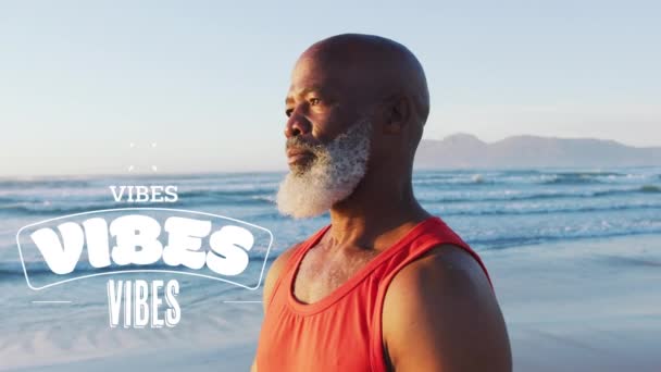 Animatie Van Vibes Tekst Senior Afro Amerikaanse Man Het Strand — Stockvideo