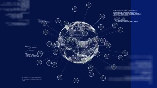 Animación Globo Procesamiento Datos Sobre Fondo Azul Negocios Globales Finanzas — Vídeos de Stock