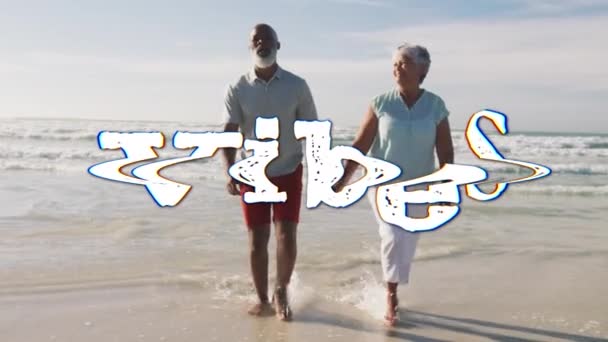 Animation Vibbar Text Över Leende Äldre Afrikanskt Amerikanskt Par Promenader — Stockvideo