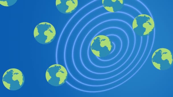 Mavi Arkaplandaki Mavi Dairelerin Üzerindeki Kürelerin Animasyonu Küresel Çevre Yeşil — Stok video