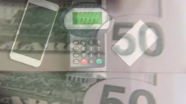 Amerikan doları banknotlarının ve ödeme terminalinin animasyonu. küresel iş, finans, teknoloji ve bağlantılar konsepti dijital olarak oluşturulmuş video.
