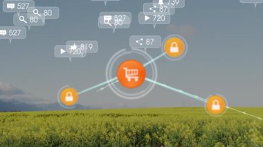 Manzara üzerindeki sosyal medya simgelerinin ve bağlantı ağının animasyonu. küresel sosyal medya, bağlantılar, iletişim ve teknoloji konsepti dijital olarak oluşturulmuş video.