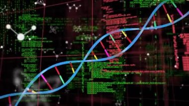 Siyah arkaplan üzerinde DNA ipliği ve veri işleme animasyonu. küresel bilim, tıp ve veri işleme kavramı dijital olarak oluşturulmuş video.