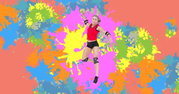 Animación Una Jugadora Balonmano Caucásica Sosteniendo Pelota Sobre Coloridas Manchas — Vídeos de Stock