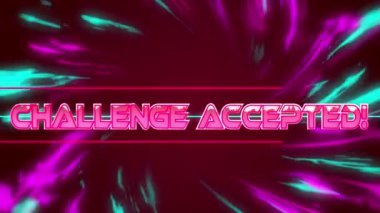 Kırmızı arkaplan üzerinde mor izler üzerinde meydan okuma kabul edilen metin animasyonu. Sayısal olarak üretilen metaevren ve sosyal medya kavramı.