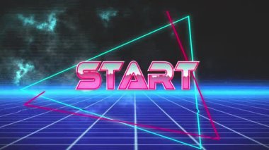 Bulutlar ve mavi kareler üzerinde başlangıç metninin canlandırması. Sayısal olarak üretilen metaevren ve sosyal medya kavramı.