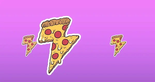 Digitally generated image of pizza slices in mid-air against purple background with copy space. national pizza day, cheese, food, unhealthy food, vector, celebration and illustration.