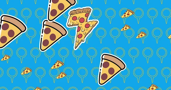 Imagen Vectorial Iconos Pizza Cursi Sobre Fondo Azul Estampado Día —  Fotos de Stock