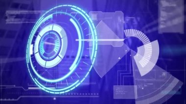 Neon yuvarlak tarayıcı ve mavi arkaplan üzerinde veri işleme ile dijital arayüz. bilgisayar arayüzü teknolojisi kavramı