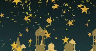 Fenerlerin, ayların ve caminin üzerindeki ışıkların animasyonu. Ramazan ve kutlama konsepti dijital olarak oluşturulmuş video.