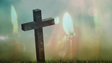 Haç ve manzara üzerinde parlayan ışıkların animasyonu. Kutsal Cumartesi, dijital ortamda oluşturulan kutlama konsepti.