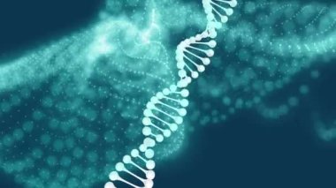 Yeşil zemin üzerinde dijital dalgaya karşı dönen DNA yapısının dijital animasyonu. tıbbi araştırma ve bilim teknolojisi kavramı