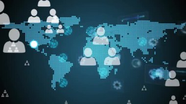 Karanlık arkaplan üzerinde harita ve bağlantı ağı videosu. dijital arayüzler konsept ve bağlantılar konsepti dijital olarak oluşturulmuş video.