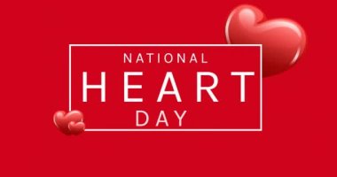Ulusal Kalp Günü animasyonu kırmızı arka planda kalpler üzerine yazılmış metinler. kalp ayı ve kutlama konsepti dijital olarak oluşturulmuş video.