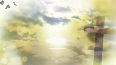 Haç ve manzara üzerinde parlayan ışıkların animasyonu. Kutsal Cumartesi, dijital ortamda oluşturulan kutlama konsepti.