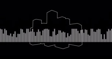Müzik animasyonunun dijital animasyonu yüksek binaların üzerinde siyah arkaplan karşısında dengeleyicidir. iş ve müzik teknolojisi kavramı