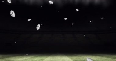 Stadyumda Fiji yazılı beyaz rugby topu animasyonu. spor ve yarışma konsepti dijital olarak oluşturulmuş video.