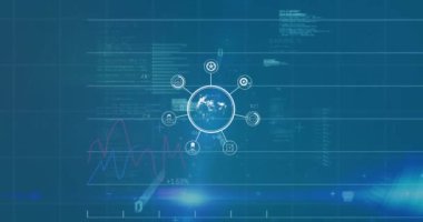 Mavi arkaplanda veri işleme videosu. dijital arayüzler konsept ve bağlantılar konsepti dijital olarak oluşturulmuş video.