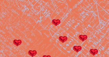 Kırmızı arkaplanda matematik denklemlerinin üzerine düşen kalplerin animasyonu. öğrenme ve matematik eğitim kavramı dijital olarak oluşturulmuş video.