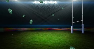 Stadyumdaki İrlanda yazılı yeşil rugby toplarının animasyonu. spor ve yarışma konsepti dijital olarak oluşturulmuş video.