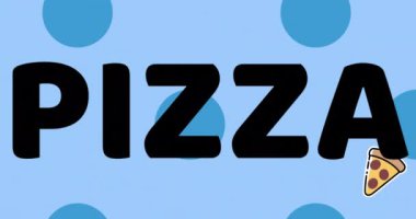 Pizza günü mesajları ve pizza ikonlarının mavi arka planda daireler üzerinde canlandırılması. Ulusal pizza günü ve dijital olarak üretilen video konsepti.