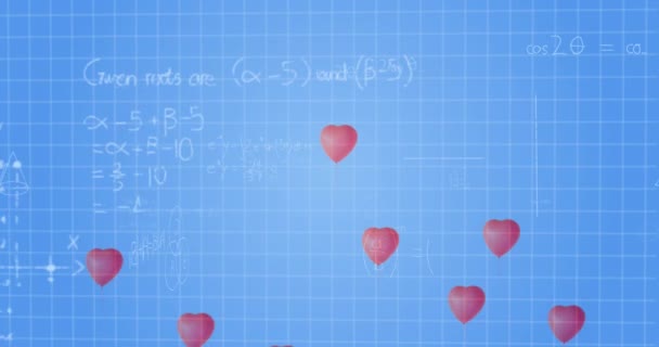 Animazione Cuori Che Cadono Sopra Equazioni Matematiche Sfondo Blu Apprendimento — Video Stock