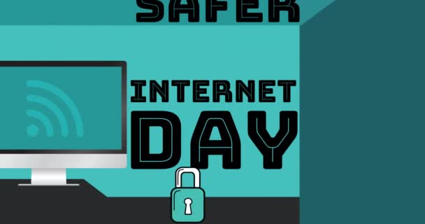 Animacja Bezpieczniejszego Tekstu Dnia Internetowego Nad Ikonami Niebieskim Tłem Globalne — Wideo stockowe