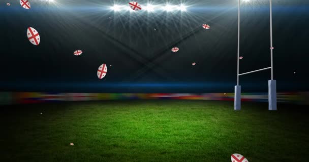 럭비볼 애니메이션은 경기장에 깃발로 채색되어 스포츠와 디지털 비디오 — 비디오
