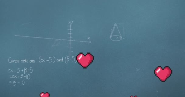 Animation Von Herzen Die Über Mathematische Gleichungen Auf Der Tafel — Stockvideo