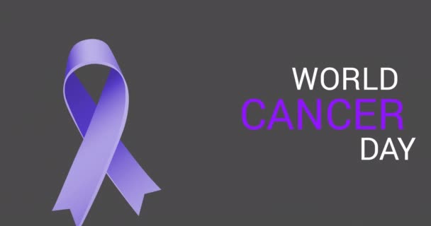 世界癌症日的动画文字和蓝带与全球灰色背景 国家癌症日和数字制作的视频庆祝概念 — 图库视频影像