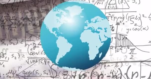 Okul Defterindeki Matematik Denklemlerinin Üzerinde Dünyanın Animasyonu Öğrenme Matematik Eğitim — Stok video