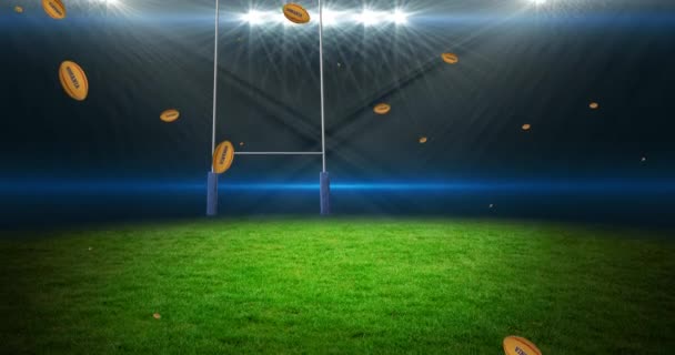 Animation Yellow Rugby Balls Romania Text Stadium Sport Competition Concept — Stock Video