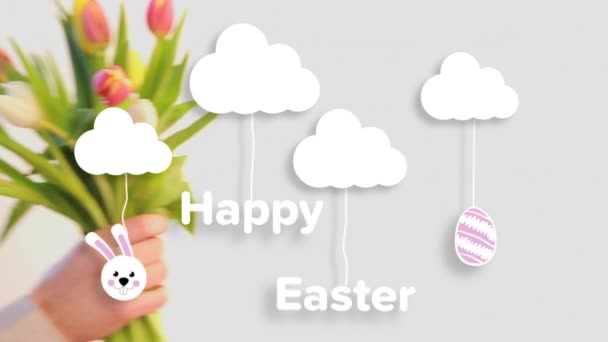 Animation Eines Fröhlichen Ostertextes Mit Blumen Der Hand Osterfest Und — Stockvideo