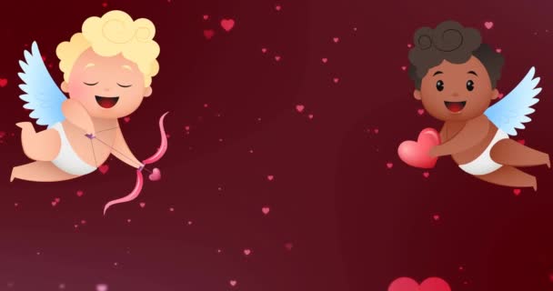 Animacja Szczęśliwych Walentynek Sercem Dwoma Uśmiechniętymi Cherubinami Czerwonym Tle Walentynki — Wideo stockowe