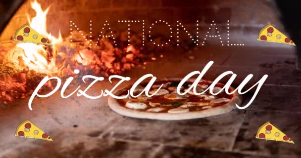Animatie Van Pizza Iconen Nationale Pizza Dagtekst Boven Verse Pizza — Stockvideo