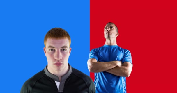 Animation Joueurs Rugby Masculins Caucasiens Sur Fond Bleu Rouge Sport — Video