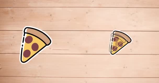 Animatie Van Pizza Pictogrammen Bewegen Houten Achtergrond Nationaal Pizza Dag — Stockvideo