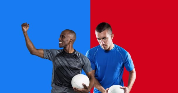 青や赤を背景にボールを持つ多様な男性ラグビー選手のアニメーション スポーツと競争の概念をデジタルで生成し — ストック動画