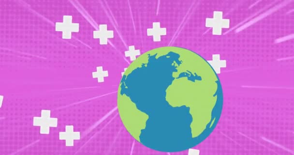 Animation Globe Falling Crosses Pink Background World Health Day Concept — Stock Video