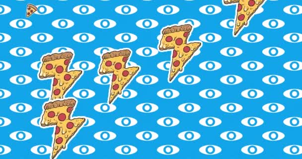 Animación Iconos Pizza Ojos Sobre Fondo Azul Día Nacional Pizza — Vídeos de Stock