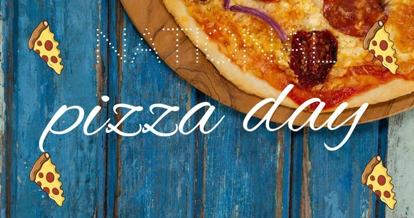 Cyfrowy Złożony Obraz Tekstu Dnia Pizzy Plasterki Pieczonej Pizzy Serwowane — Zdjęcie stockowe