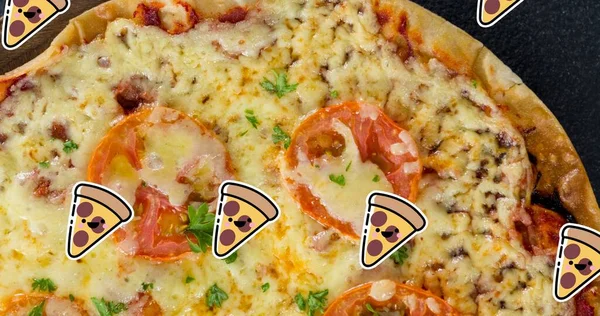 Digitaal Composiet Beeld Van Pizza Pictogrammen Boven Cheesy Pizza Geserveerd — Stockfoto