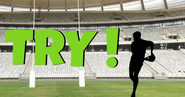 Cyfrowy Złożony Obraz Tekstu Spróbować Nad Sylwetka Rugby Gracza Piłką — Zdjęcie stockowe