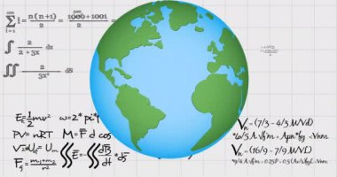 Okul defterindeki matematik denklemlerinin üzerinde dünyanın animasyonu. öğrenme ve matematik eğitim kavramı dijital olarak oluşturulmuş video.