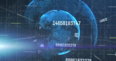 Veri işleme videosu ve karanlık arkaplan üzerinde küre. dijital arayüzler konsept ve bağlantılar konsepti dijital olarak oluşturulmuş video.