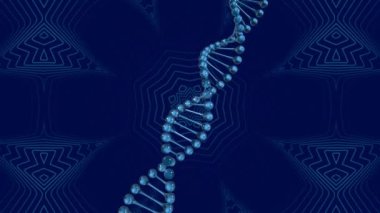 Mavi arka plandaki kaleydoskopik kalıplara karşı dönen DNA yapısının dijital animasyonu. tıbbi araştırma ve bilim teknolojisi kavramı