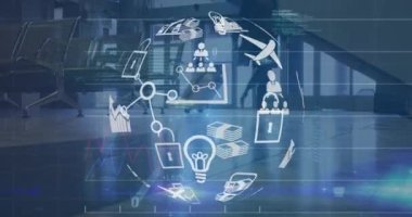 Havalimanında yürüyen insanların düşük kesimlerine karşı dönen ve veri işleme yapan dijital simgelerin küresi. küresel ağ ve iş teknolojisi kavramı