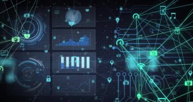 Siyah zemin üzerinde veri işleme ile dijital arayüze karşı dönen dijital simgelerin küresi. bilgisayar arayüzü teknolojisi kavramı